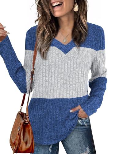 Womens Tops Fall Fashion Sweatshirts for Women V Neck Long Sleeve Sweaters Lightweight Dressy Casual Pullover Blue Size S