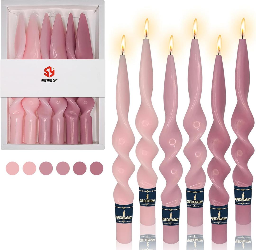 Pink Spiral Twist Candlesticks, 10-Inch Long Tapered Cute Sticks, Colorful Twisted Candles for Wedding, Home, Dinner Party, Women Gift, Pack of 6 (24D6P-PIKMIX)