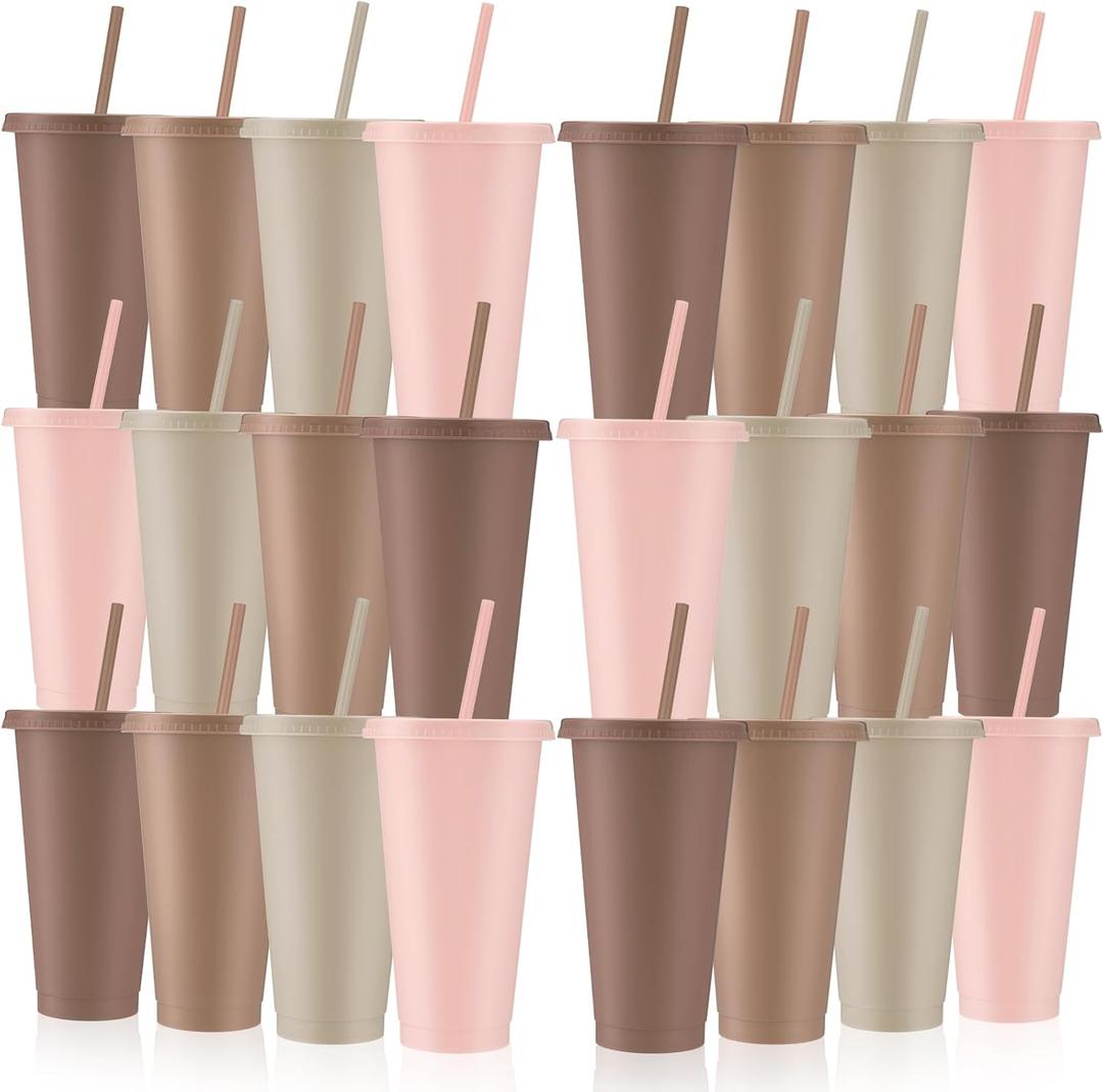 Skylety 24 Pcs Boho Plastic Cups with Lids and Straws 24 oz Reusable Tumbler Large Travel Mug Cup Coffee Beverage Drinks Party Supplies for Wedding Bridal Baby Shower Birthday