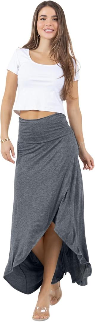 Azules Hi-Low Maxi Skirt for Women  Flowy Long Skirt with Slit, Foldover Waist, Rayon Stretch Skirt, Wrap Skirt for Women (L)