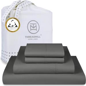 Threadmill Egyptian Cotton Queen Sheet Set | 100% Certified Egyptian Cotton Sheets for Queen Size Bed | Snug Fit Deep Pocket Queen Bed Sheets Set | Soft Cooling Sateen Bedding Set | Dark Grey