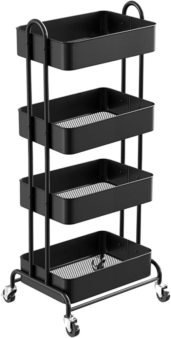 Ceayell 4-Tier Full Metal Utility Rolling Cart for Storage Organizer Cart for Office, Bathroom, Kitchen (BK-4Tier)