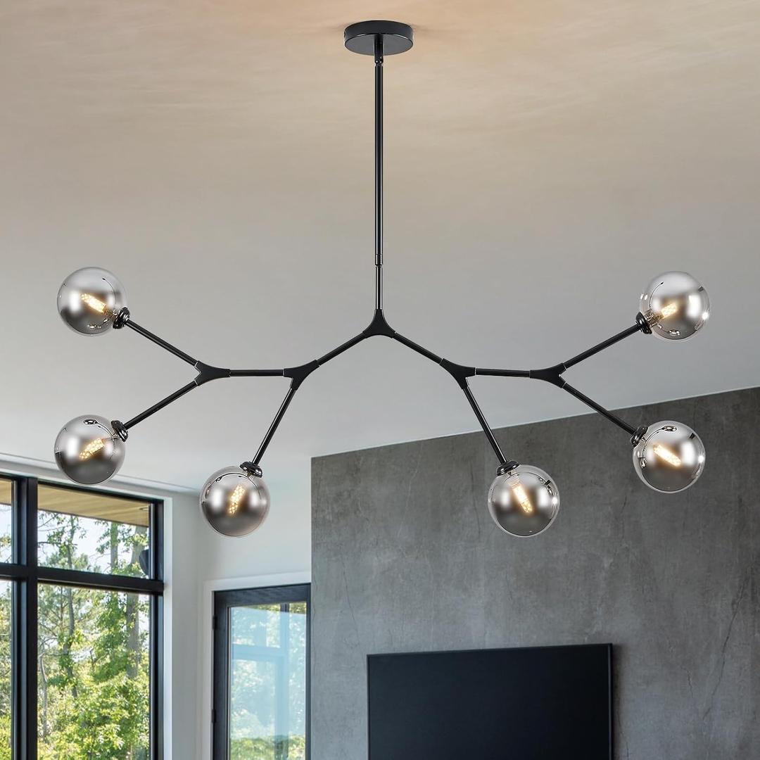 6 Lights Sputnik Chandelier for Dining Room L45 Black Modern Pendant Light Fixture with Black Clear Glass Shade Large Mid Century Chandeliers for Kitchen Island Living Room Foyer
