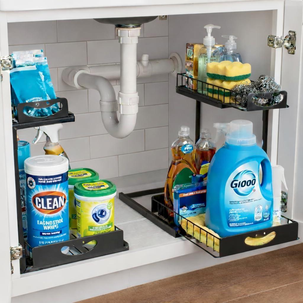 ClearSpace Under Sink Organizer, Pull Out Cabinet Organizer, 2 Pack - 2 Tier Slide Out Organizers and Storage Shelf - Metal Sliding Drawer for Kitchen Bathroom Pantry Cabinet Organization Rack, Black