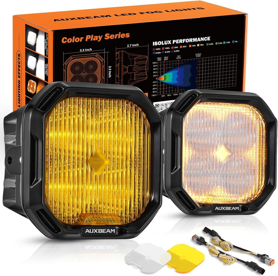 Auxbeam Color Play Series SAE Fog Lights, No Brackets Included, 3 Inch 100W Offroad LED Pods, Amber White DRL & Turn Signal, Dual Color Lens Covers, for Ford Honda Nissan Subaru Acura Lexus Toyota