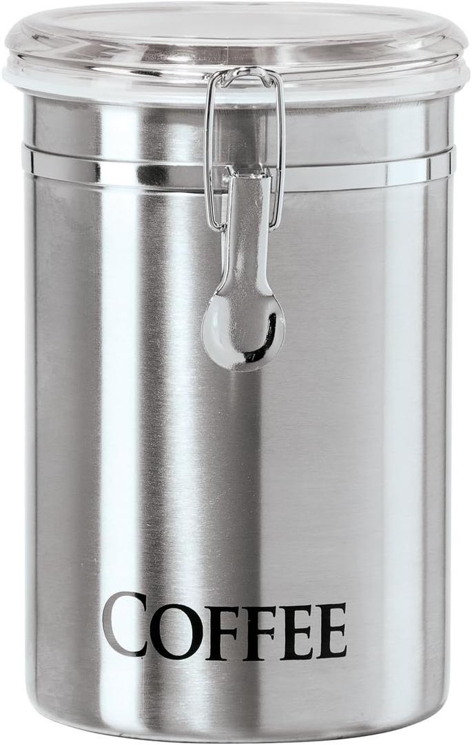 Oggi Stainless Steel Coffee Canister 62 fl oz - Airtight Clamp Lid, Clear See-Thru Top - Ideal for Coffee Bean Storage, Ground Coffee Storage, Kitchen Storage, Pantry Storage. Large Size 5" x 7.5". (Silver)