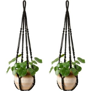 Mkono Macrame Plant Hanger Indoor Hanging Planter Basket with Wood Beads Decorative Flower Pot Holder No Tassels for Indoor Outdoor Boho Home Decor 35 Inch, Black, Set of 2 (POTS NOT Included)