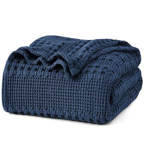 PHF 100% Cotton Waffle Weave Blanket Queen Size for Bed, Soft Lightweight & Breathable for Spring and Summer, All-Season Comfort, Luxury Aesthetic Blanket for Home Decor, 90"x90", Blue Sapphire Wet Box