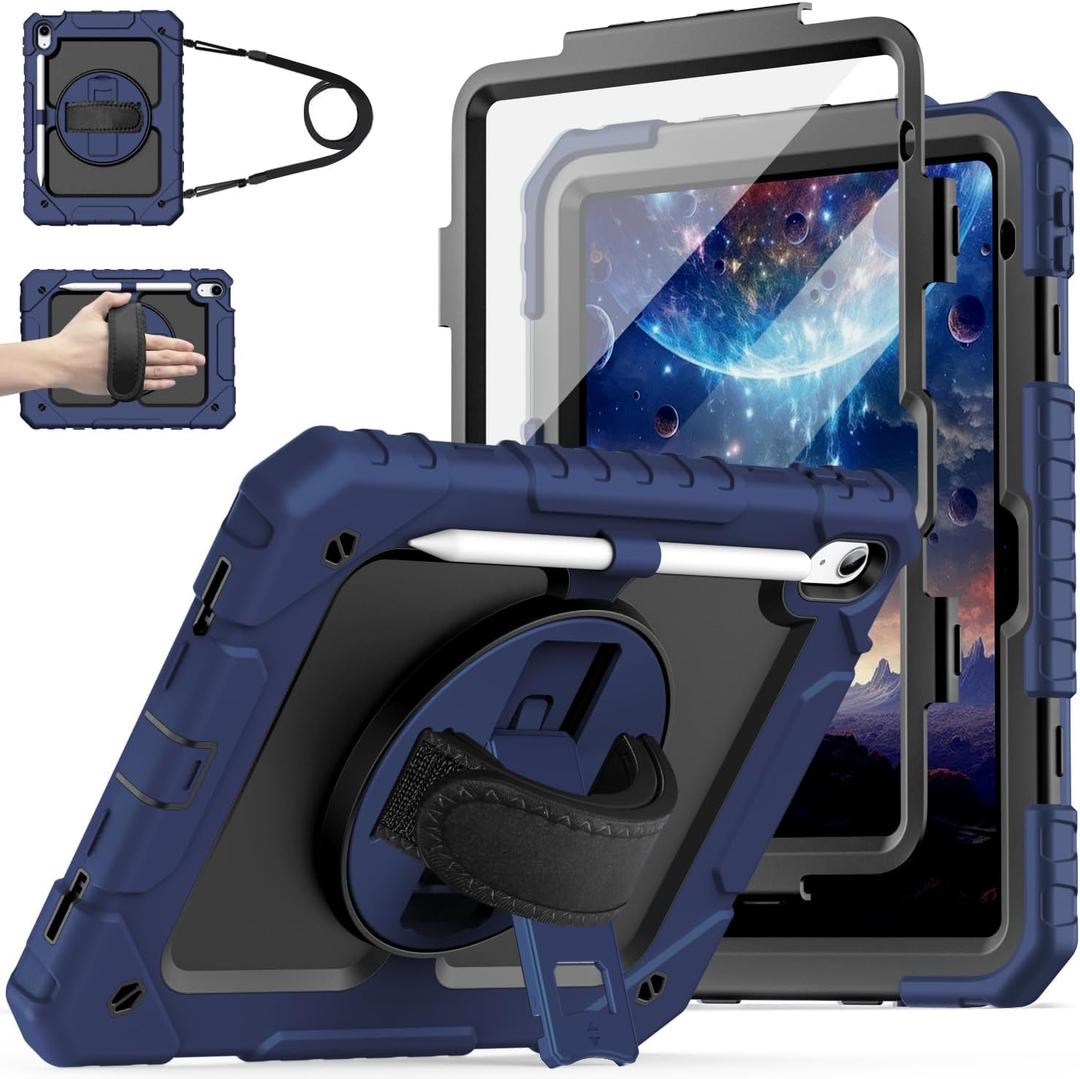 Cantis Case for iPad 11-inch (A16) 2025/ iPad 10th Generation 2022 (10.9 inch) with Screen Protector, 11th Case with 360 Degree Rotating Stand/Shoulder Strap/Pencil Holder, Navy Blue