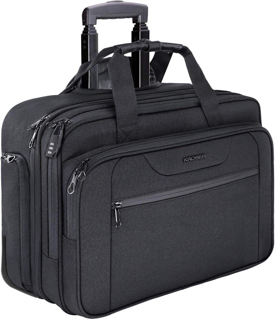 KROSER Rolling Laptop Bag Premium Wheeled Briefcase Fits Up to 17.3 Inch Laptop Overnight Roller Case Computer Bag with RFID Pockets for Travel/Business/Men/Women-Black