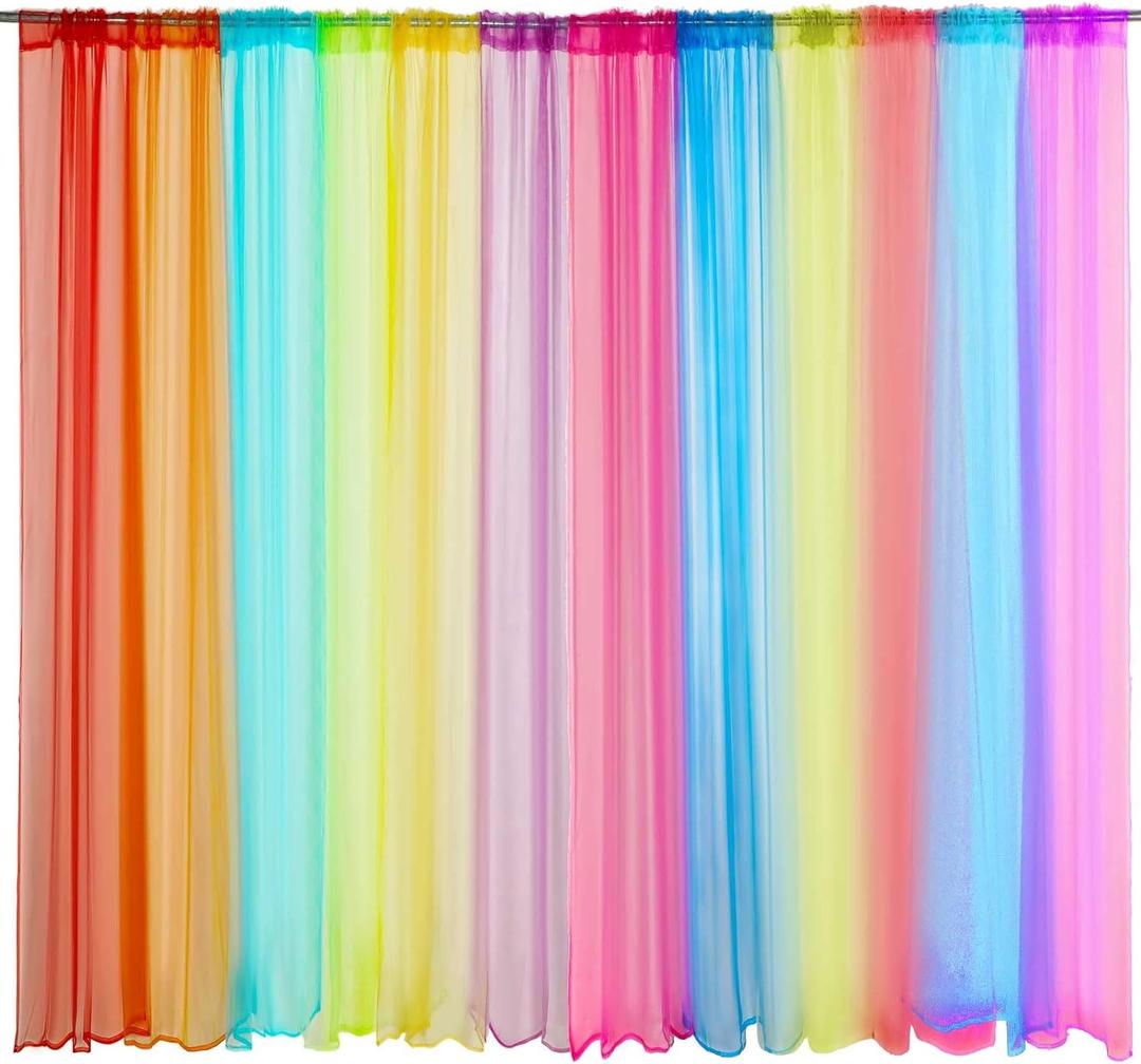 Handepo 12 Panels Rainbow Sheer Curtain Colorful Backdrop Bright Window Curtains Kids Room Voile Drapes for Girls Boys Bedroom Classroom Party Decoration, 12 Colors(40 x 96 Inches)