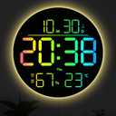10" RGB Color Large Digital Wall Clock LED Display with Remote Control, Auto Dimmer, DST, Temp, Humidity, Auto on/off - Light, Plug-in Digital Alarm Clocks for Bedrooms, Living Room, Classroom