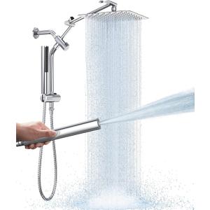 Veken 10" Luxurious All Metal Rain Shower Head with Handheld, High Pressure Rainfall Shower Heads wih Extension Arm, Wide Dual Showerhead with Spray Combo, Bathroom Accessories, Chrome, Silver