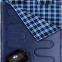 Double Sleeping Bag Flannel for Adults Kids, Queen Size for 2 Person with 2 Pillows, Warm & Cold Weather Sleeping Bag for Camping, Hiking, Waterproof Lightweight with Compression Sack (Navy Blue)