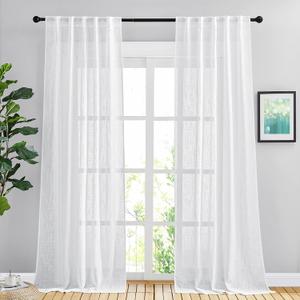 NICETOWN White Linen Sheer Bedroom Curtains 90 inches Long, Rod Pocket & Back Tab Semi Sheer Privacy with Light Filtering Bedroom Window Treatments for Farmhouse, W42 x L90, 2 Panels
