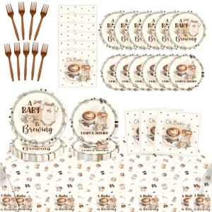 a Baby is Brewing Baby Shower Decorations, 98PCS Coffee Baby Shower Disposable Paper Plates Napkins Party Decorations, Coffee Themed Gender Reveal Tablecloth with Forks Decor Supplies Serve 24