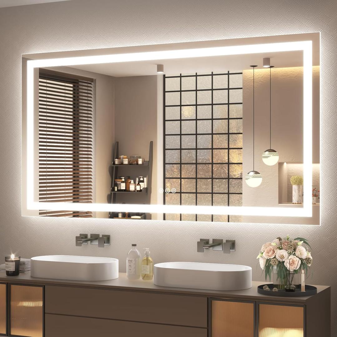 ODDSAN Led Bathroom Mirror 60x36, Large Illuminated Dimmable Vanity Mirror with Lights, Backlit and Front Lighted Makeup Mirror for Wall, Anti-Fog, ETL Listed (Horizontal/ Vertical)
