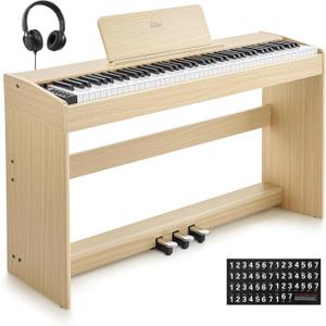 Eastar EUP-110 Digital Piano 88 Key Weighted Keyboard, Full-Size Home Electric Piano for Beginner, with Headphone, Music Stickers, Screen, 3-Pedal, Wireless Conection, Recording - Light Wood Color