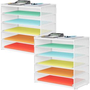 2 Pack 6 Tier Paper Organizer, Metal Mesh Desk File Folder, Letter Tray Organizer, Paper Sorter Desk Organizers for Office, Home or School File Folder Holder - White