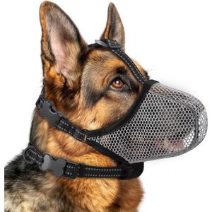 Dog Muzzle,Mesh Soft Muzzle for Small Medium Large Sized Dogs, Breathable Reflective Adjustable Puppy Muzzles with Collar for Scavenging Grooming Biting Chewing,Allows Panting and Drinking(Grey M)