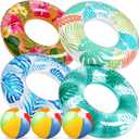 90shine 7PCS Luau Pool Floats: Hawaiian Swimming Rings with 13.5" Beach Balls - Inflatable Tubes Floaties Toys for Kids Adults