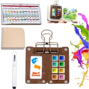 Mini Wooden Watercolor Paint SetMini Portable Watercolor Paint SetTravel Pocket Artist Watercolor nano palette kit,with 12 Color Paints,Wooden Grid Paint Box for Painters Artists Students (Walnut-8 Grids)