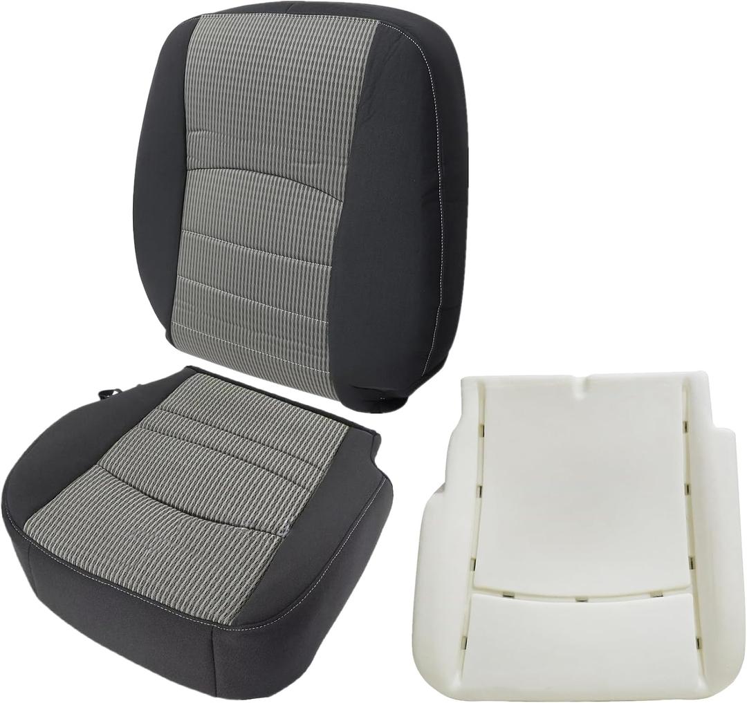 NLQR Front Driver Side Bottom & Top Lean Back Replacement Cloth Seat Covers & Driver Side Foam Cushion Compatible with Dodge Ram 1500 2500 3500 4500 5500 SLT 2009 2010 2011 2012 Gray