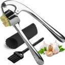 Garlic Press Crusher & Mincer Easy Squeeze Ergonomic Handle, Heavy Duty Zinc Alloy, Dishwasher Safe, Includes Peeler & Cleaning Brush Garlic Ginger Crusher Tool (Imperial Silver)