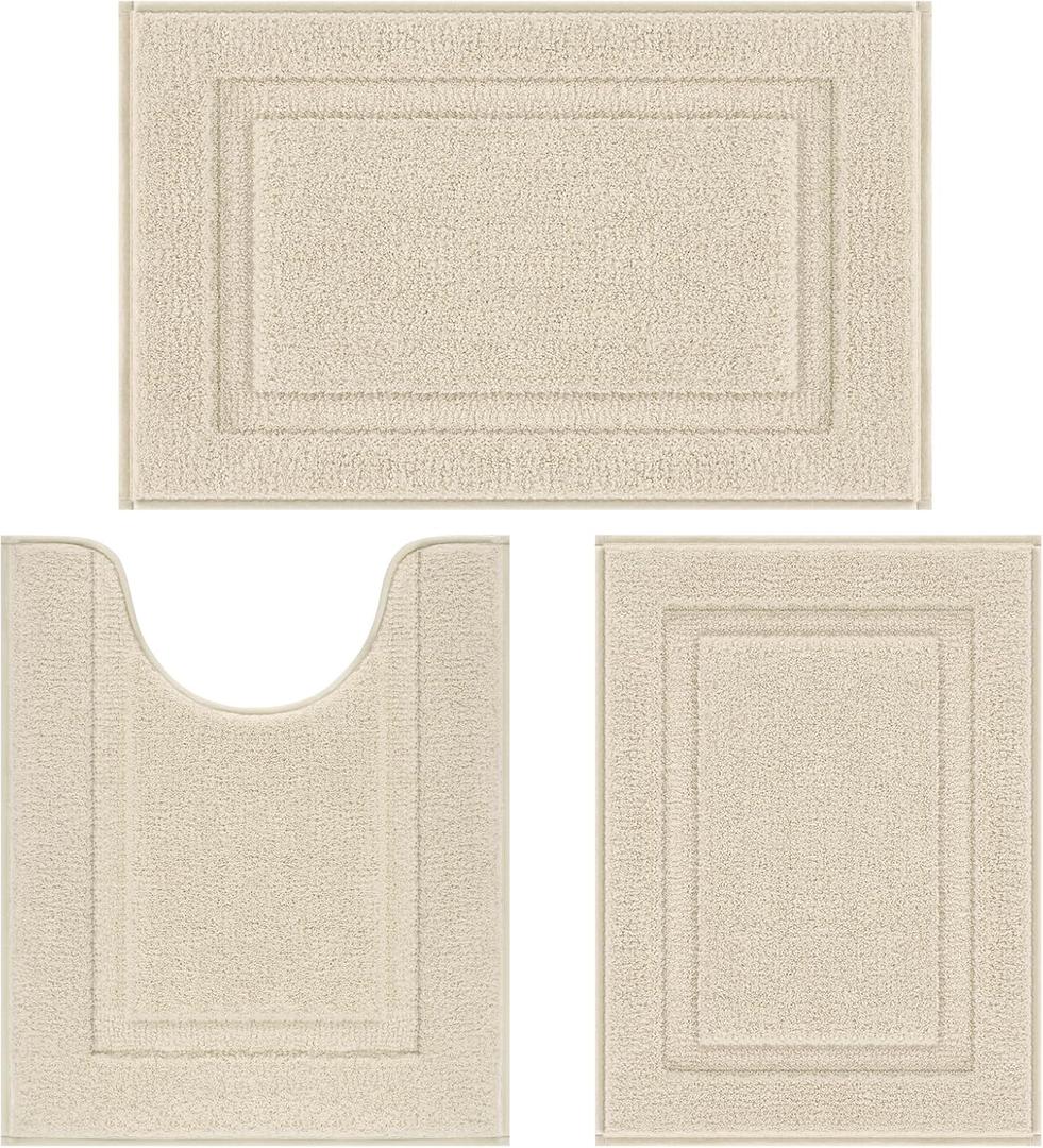 SHACOS Soft Fluffy Bathroom Rugs Set of 3 Pieces Bath Mats with U Shape Toilet Rugs Non Slip Washable Bath Rugs Absorbent Bathroom Carpet for Shower Tub Sink, Light Beige