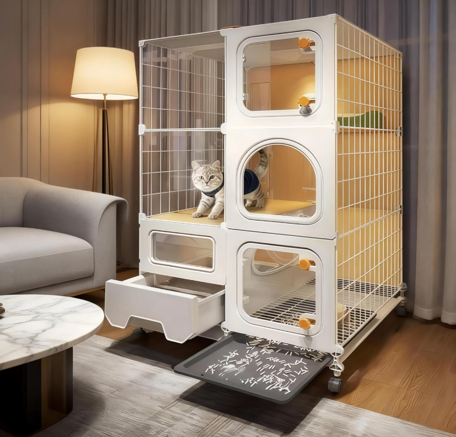 Indoor Cat Cage with Litter Box,Complimentary Cat Bed, Bowl,Teaser Wand，Cat House with Wheels Outdoor, Large Cat Enclosure, Small Animal，Lots of Presents