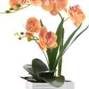 Artificial Real Touch Orchid Flowers in Pot Fake Phalaenopsis Flower with White Ceramic Vase Faux Orchids Arrangement for Home Table Office Wedding Party Decoration (Orange)