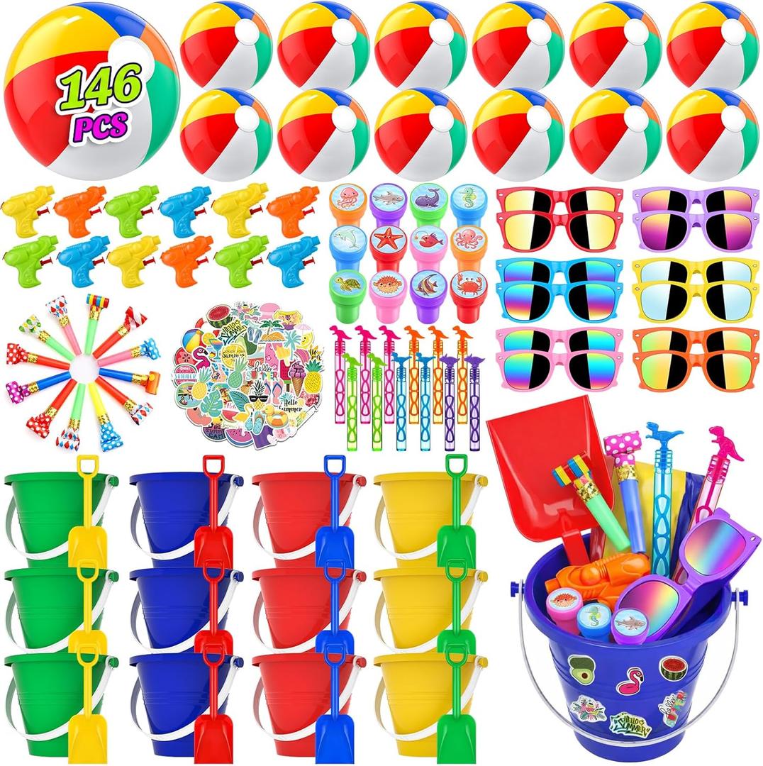 GIFTINBOX Beach Pool Party Favors,146PCS Pool Beach Toys for Kids Ages 4-8 8-12, Summer Party Favors for Kids, Beach Balls, Kids Sunglasses, Buckets Bulk Sand Toys, Birthday Party Decorations
