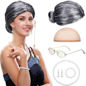 Gejoy 7 Pcs Old Lady Wig Costume Set Grandma Hair Cap Glasses Chain Pearl Necklace for Props Cosplay