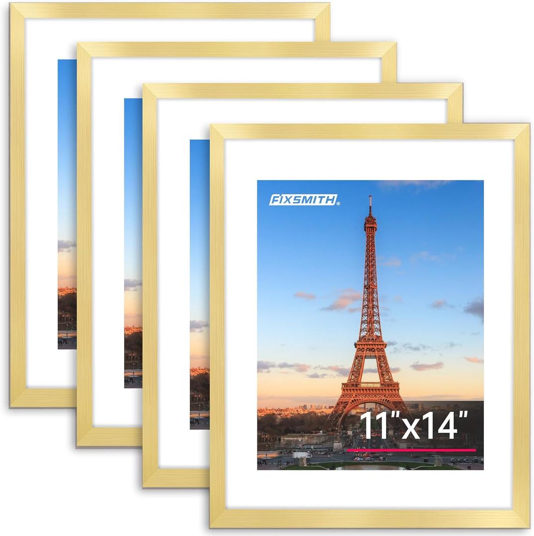 FIXSMITH 11x14 Picture Frame Bulk-4 Pack, Photo Frame with HD Plexiglass, Display Pictures 8x10 with Mat or 11x14 Without Mat, Gold Picture Frames Collage Wall Decor, Gallary Wall Frame