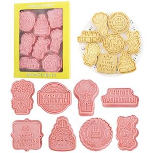 MIANXIAOXIN 8 Pcs Happy Birthday Cookie Molds Birthday Cake Bear 3D Biscuit Mould Baking Tool English Number Letter Cartoon Stamps for Biscuits(8-Birthday)