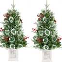 Pack of 2 Small 3FT Pre-Lit Snow Flocked Christmas Tree with Twinkling Lights for Home Office Christmas Decor- Battery Operated & Timer (Snowflake Base)