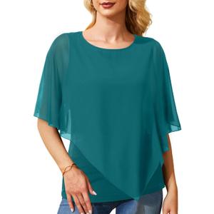 Holipick Women's Dressy Casual Top Ruffle Double Layered Solid Chiffon Blouses Shirts for Summer Teal (Green, M)