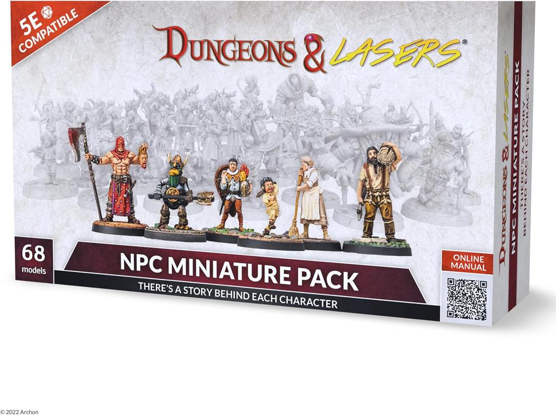 Dungeons & Lasers NPC DND Miniatures Pack - 68 Figurines with Scenic Bases for 5E Compatible Tabletop RPG Games - 28MM Unpainted and Unassembled - for Ages 14 Years +
