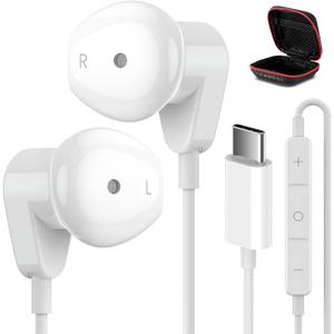USB C Headphones for iPad Pro iPhone 16 15 Pro USB Type C Earphones HiFi Stereo USB-C Wired Earbuds Microphone Volume Control for Samsung S24 S23 Ultra S22 S21 Note20 A54, Pixel 9 8 7 6 6a 5, OnePlus9 (White)