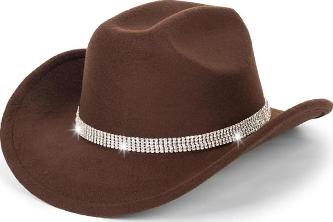Vintage Rhinestones-Hat Western-Cowgirls-Hat - Wide Brim Bling Diamond Cowboy-Hat for Cosplay Disco Music Party M/L (7, Brown)