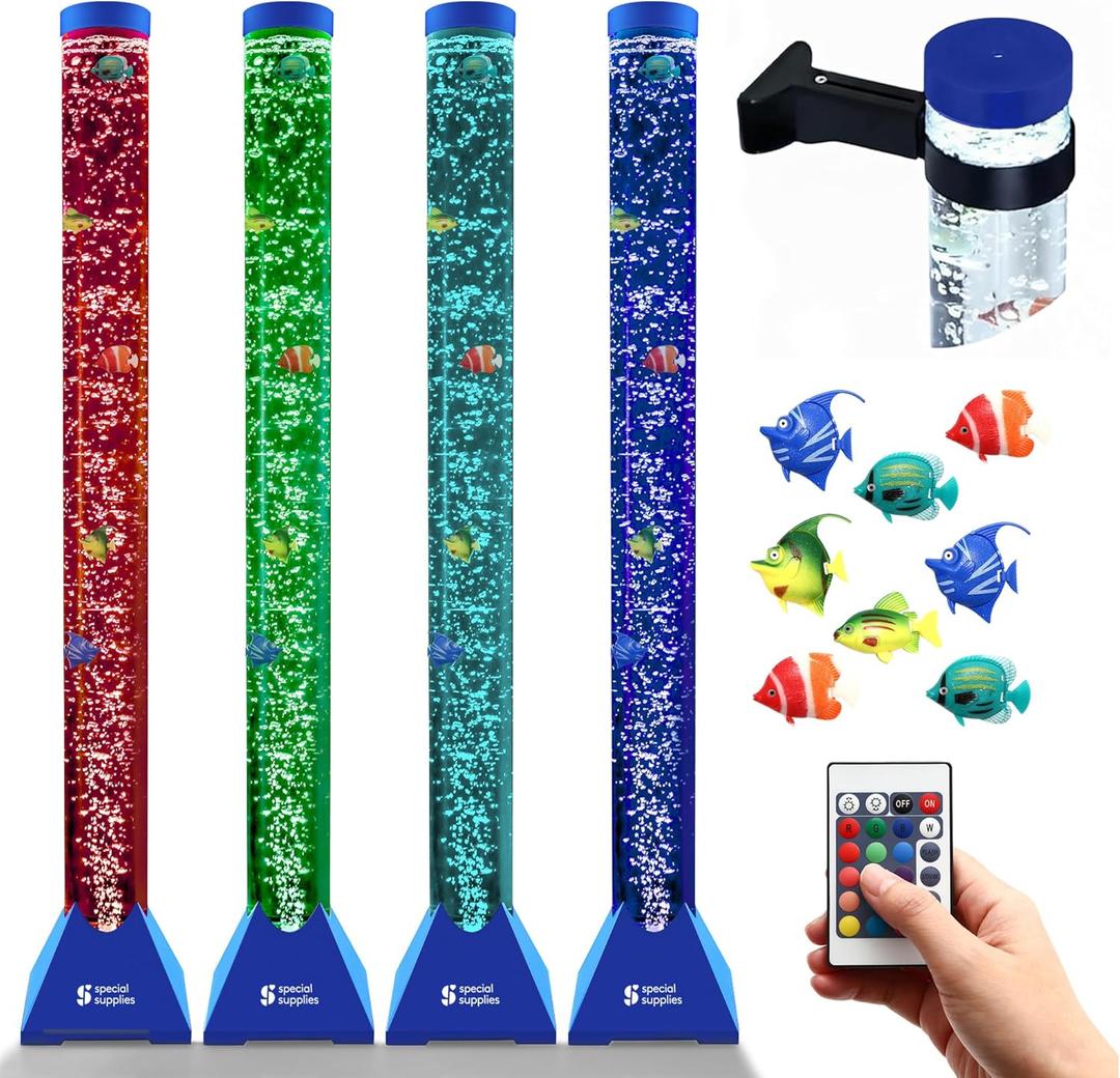 Special Supplies Aquarium Sensory Fish Bubble Light Tube with 16 LED Color Changing Nightlight Effect, Remote Control, and 8 Fishes, Colorful Floor Standing Lamp for Kids and Adults (4 feet)
