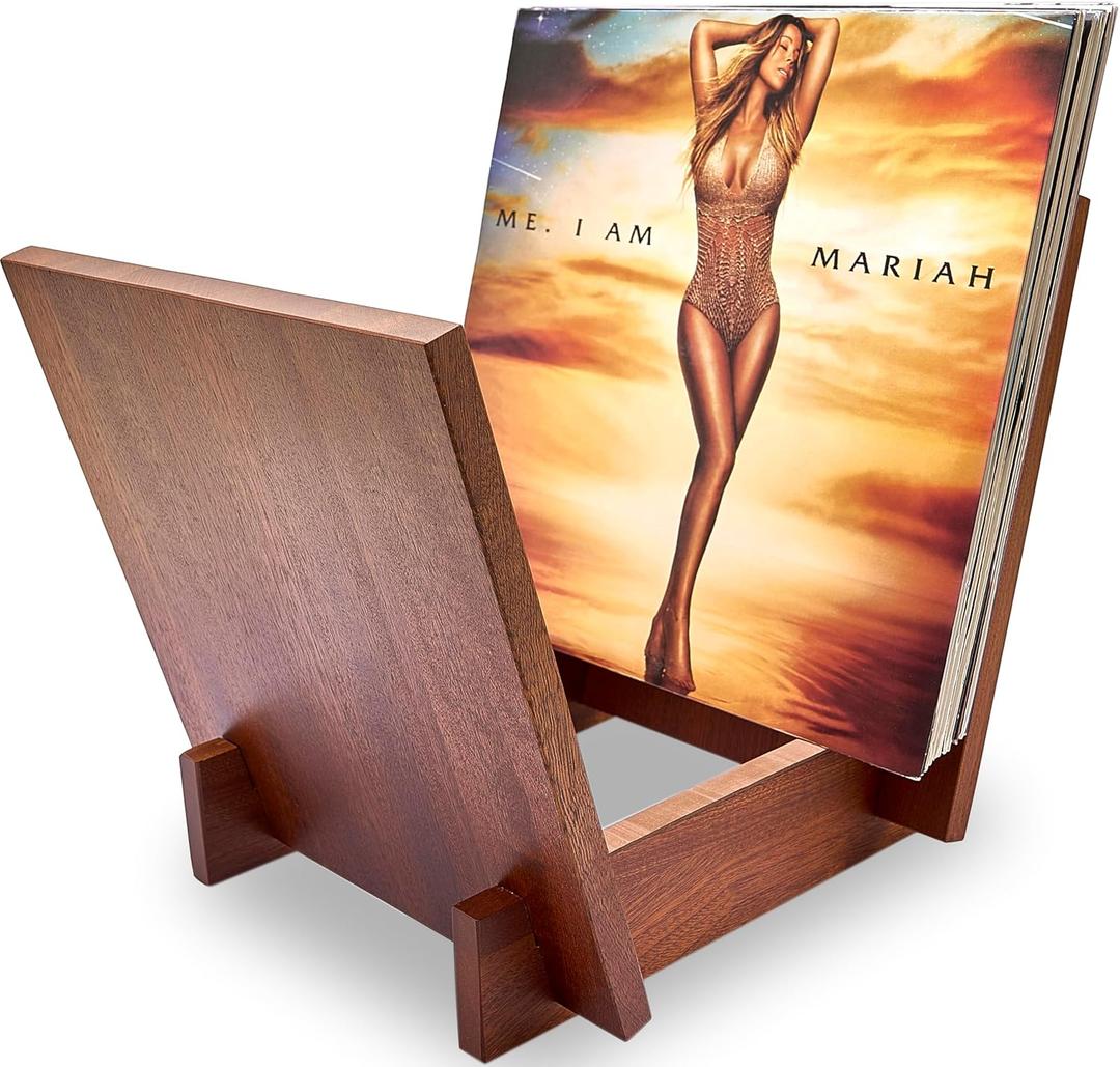 Honygebia Wooden Vinyl Record Holder - Wood Record Album Holder, V-Shaped Vinyl Record Storage Racks, Album Holders for Vinyl Records, Shelf for Storing Collection of 40 Premium LPs (Solid Sapele)