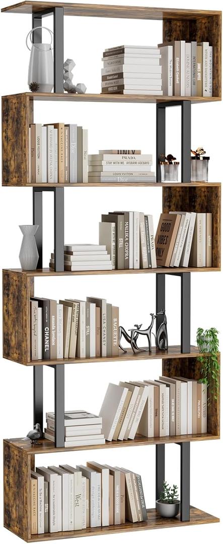 Gadroad 6 Tier Geometric Bookcase,S Shaped Bookshelf, Wood Decorative Storage Shelving, Modern Freestanding Display Shelves, Tall Book Shelf Unit for Living Room Bedroom, Rustic Brown, 27.56"W x 74.2"H