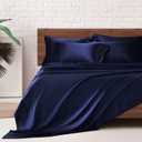 MR&HM Satin Bed Sheets, Queen Size Sheets Set, 6 Pcs Silky Bedding Set with 15 Inches Deep Pocket for Mattress(Queen, Navy Blue)