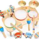 WINGYZ 11-in-1 Toddler Drum Set-Wooden Baby Musical Instruments for Toddlers 1-3 & Montessori Musical Toys,Music Table with Bongo Drums, Cymbals, Maracas & Wrist Bells for Early Rhythm Play, 16" L X 10.5" W X 10" H
