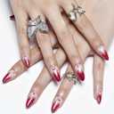 7 x GLAMERMAID Red Ombre Press on Nails Medium Almond, Halloween Christmas Misty Gel Glue on Nail, Gothic Moon Short Stiletto Reusable UV Finish Fake Nail, Acrylic Oval False Nails Manicure Kits for Women