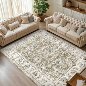 jinchan 6x9 Area Rugs for Living Room - Machine Washable Vintage Floral Distressed Design Stain Resistant Boho Carpet Ultra-Thin Low Pile Non-Slip Rug for Bedroom Dining Room Home Office (6x9',Taupe)