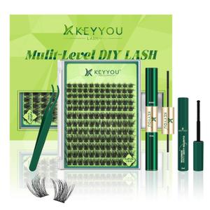 KEYYOU Lash Extension Kit 3D Effect Volume Lash Clusters Kit 120pcs D Curl Waterproof Kit DIY Eyelash Extension Kit with Bond and Seal Lash Glue Remover Lash Applicators (Kit-PuffSilk V3D03-8-16MIX)