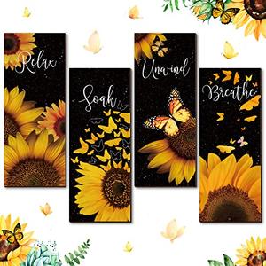 Wesiti Bathroom Wall Art - 4 Pcs Sunflower Butterfly Theme Wooden Hanging Signs - Soak, Relax, Unwind, Breathe - Bathroom Decoration