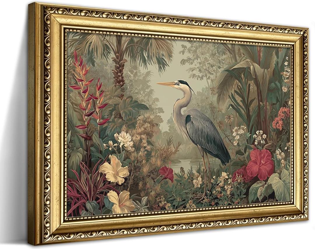 Vintage Heron Canvas Wall Art, Elegant Heron Among Tropical Foliage Print, 24"L x 16"W